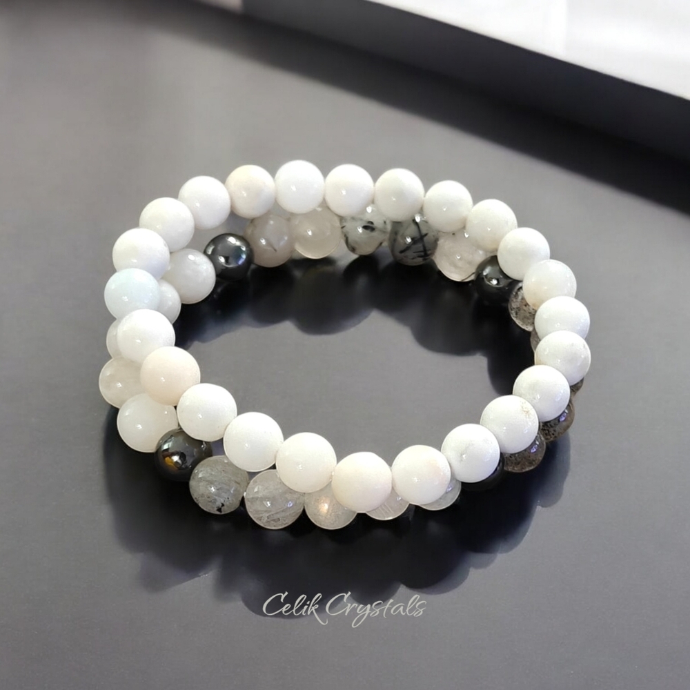 White Opal Crystal Stack - 8mm Unisex Natural Stones Handmade Stretch Beads - Picture 3 of 5
